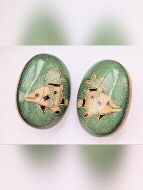 Oval Shaped Green and Gold Clip-On Earrings with Fish Motif
